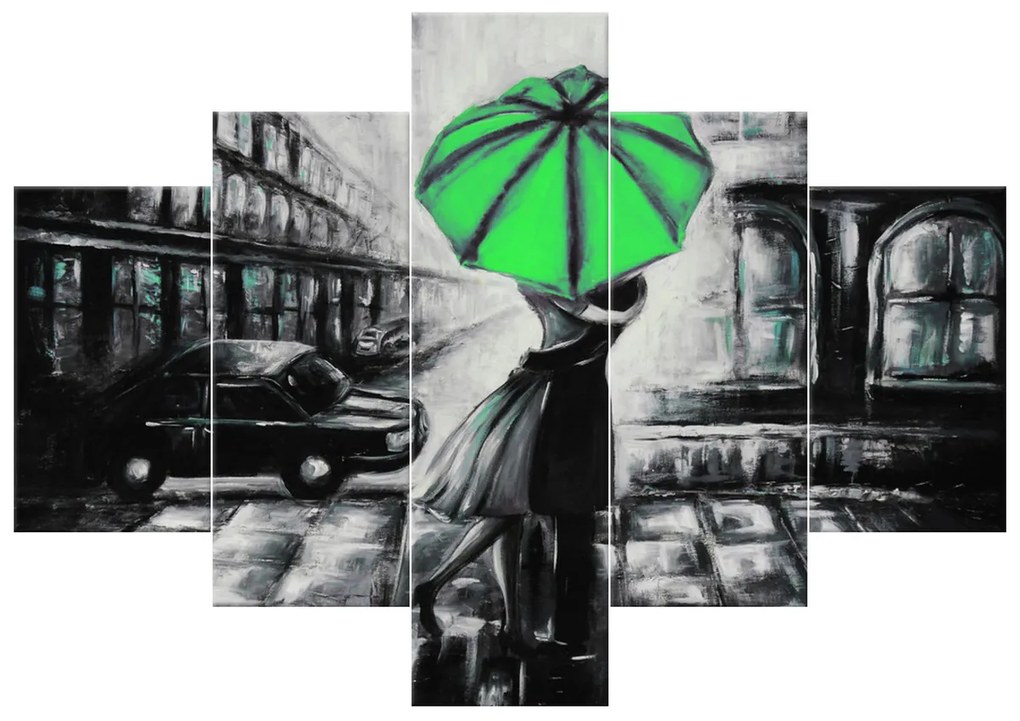 Gario Ručne maľovaný obraz Zelený bozk v daždi - 5 dielny Rozmery: 150 x 105 cm
