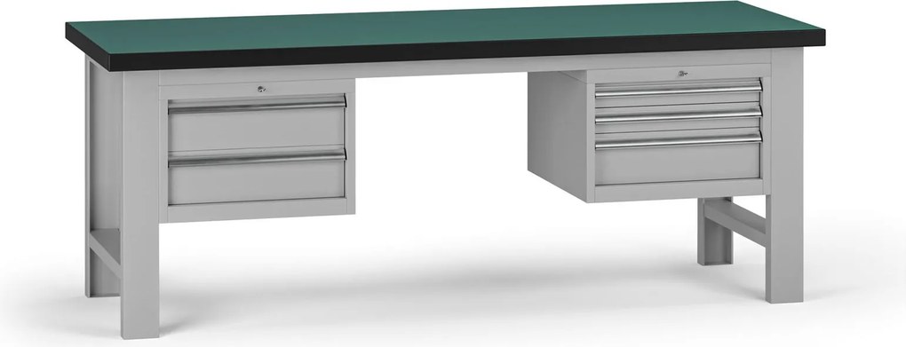Pracovný stôl do dielne G8, 2100 x 750 x 800 mm, 2x kontejner, 5 zásuviek, sivá