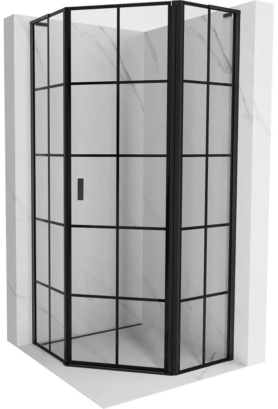 Mexen Mist L, päťuholníkový sprchový kút s krídlovými dverami, 90 x 90 cm, 8mm číre sklo, čierny profil, 8A8L-090-090-70-77-P