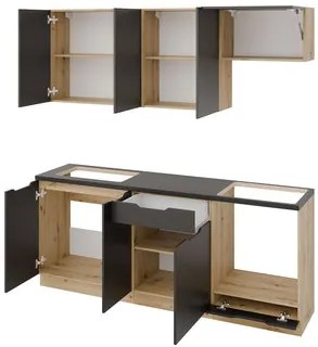 Kuchynská linka Howardii 200, Farby: dub artisan / čierny hrášok + čierna skala, Osvetlenie: osvetlenie LED biele