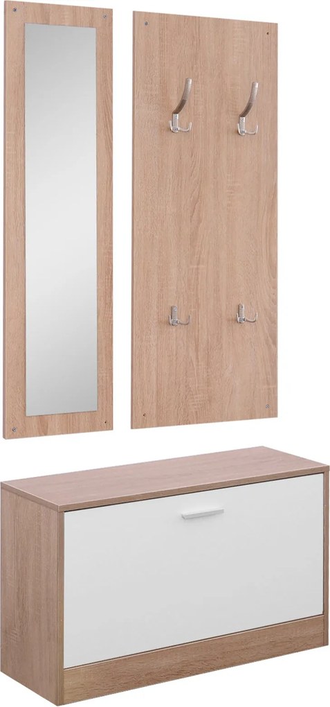 HOMCOM 3-dielna súprava do predsiene s botníkom, nástenným vešiakom a zrkadlom, drevená skriňa do spálne a chodby, 80x27x46,5 cm v drevenej farbe a bi