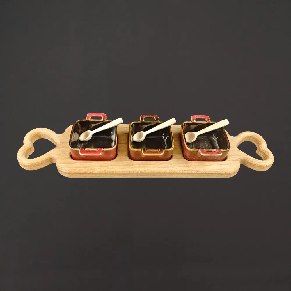 AMADEA 46240 Podnos 3 keramické misky a drev. lyžičky 43cm drev. dekorácie