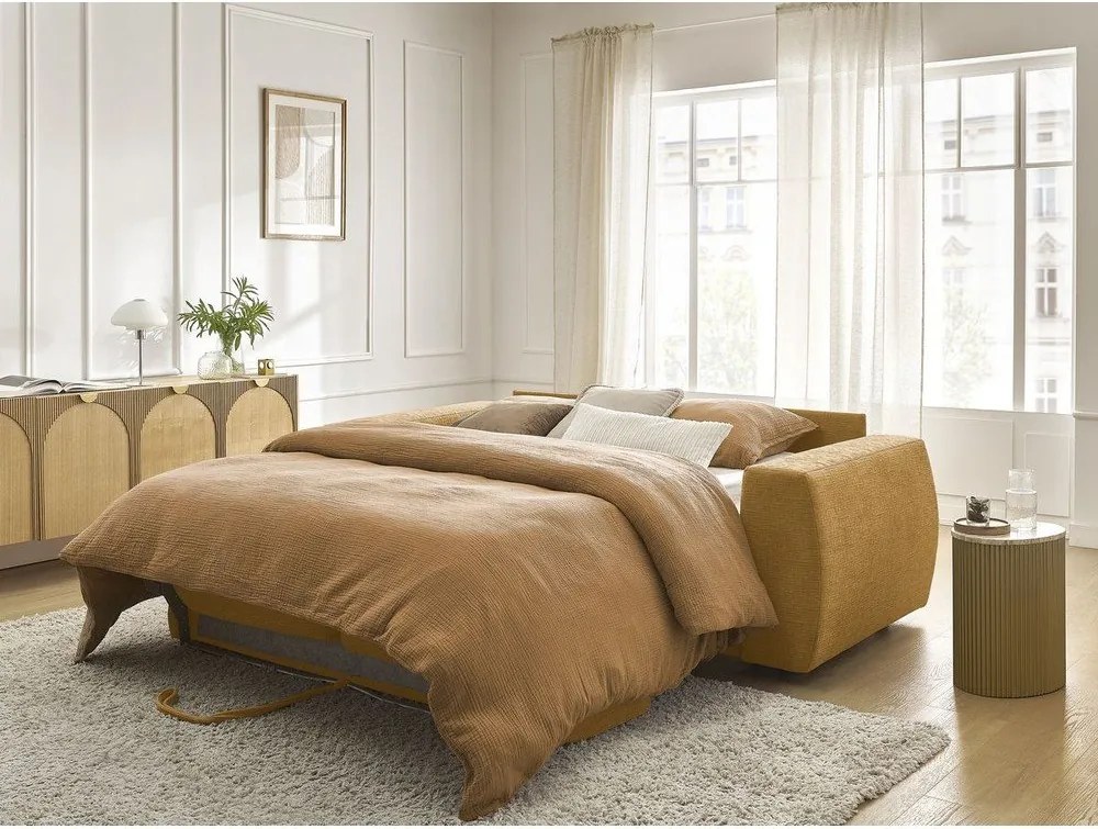 Ženilková pohovka na každodenné spanie/rozkladacia v horčicovej farbe 220 cm Hugo – Bobochic Paris