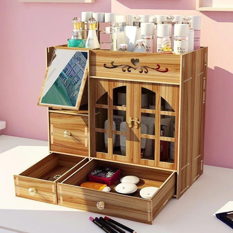 Drevená skrinka na kozmetiku s dvierkami, zrkadlom a zásuvkami H03 tmavé drevo