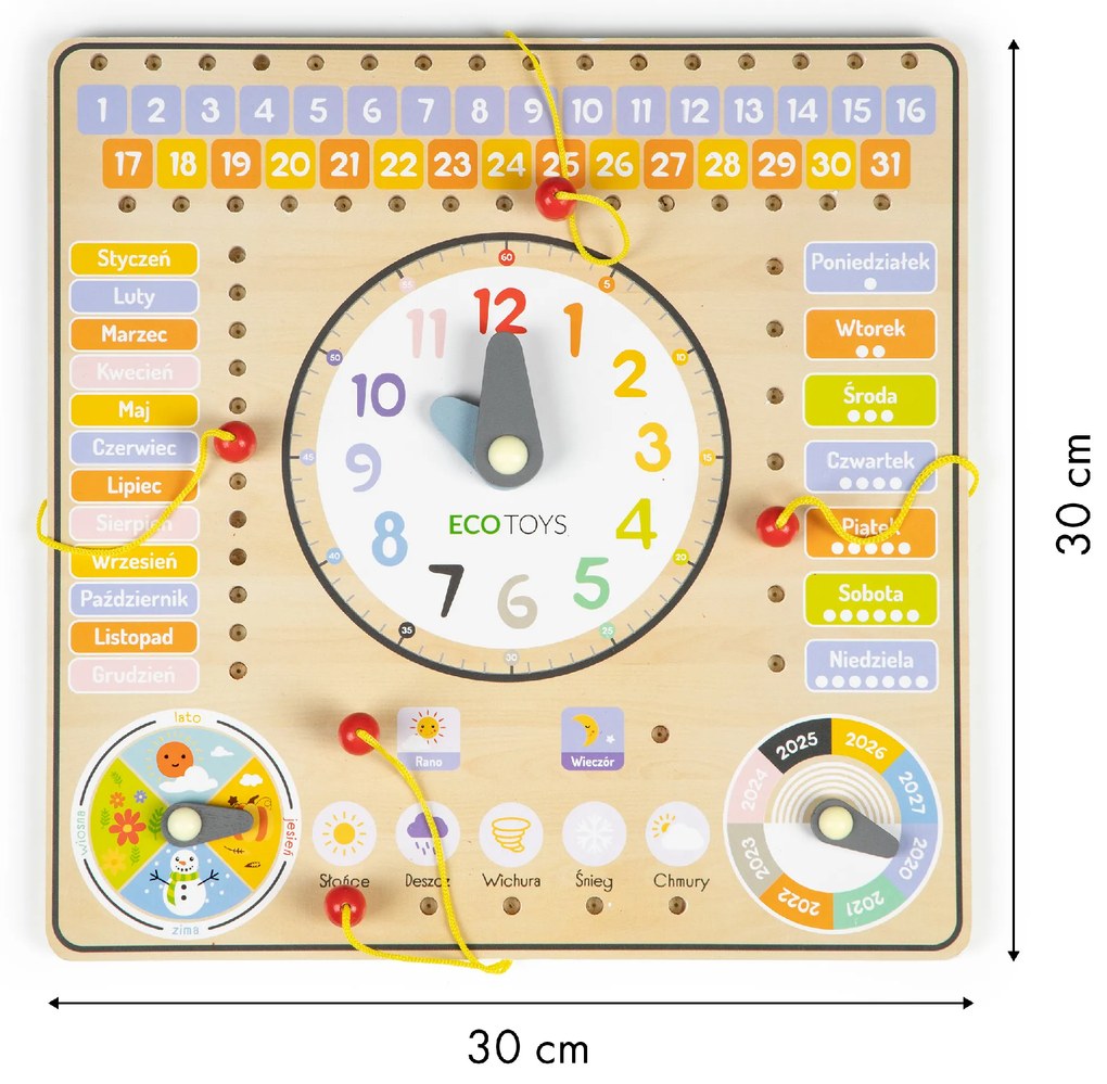 Drevená manipulačná tabuľa s kalendárom a hodinami