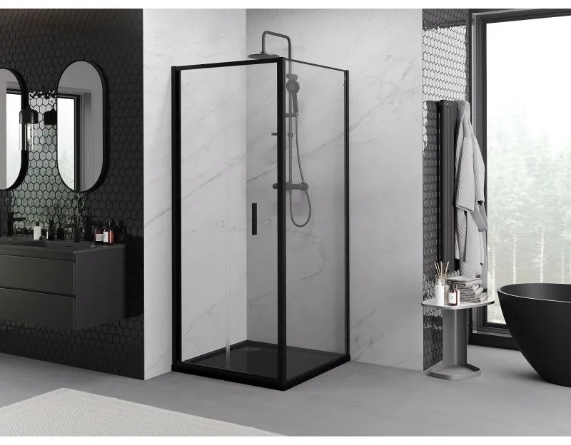 Mexen Exo, sprchovací kút so skladacími dverami 75 x 75 cm, 6mm číre sklo, čierny profil, 816-075-075-70-00