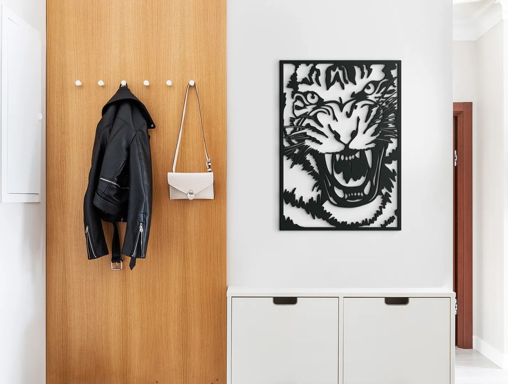 drevko Drevený obraz na stenu Tiger útočí Rozmer obrazu: 44,5 x 31,5 cm, Farba dekorácie: Čierna