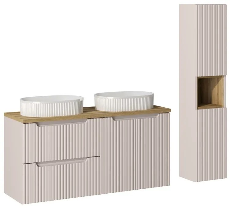 Koupelnová sestava Nova Cashmere s deskou, umyvadly a skříňkami 120 cm kašmírová/dub evoke