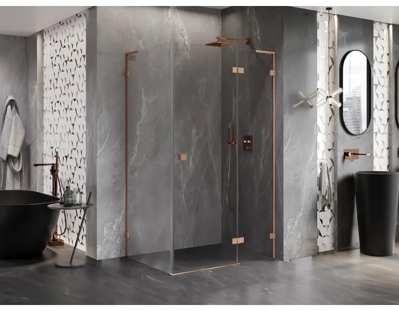 Mexen Lunar, L pravý výklopný sprchový kút 90 x 80 cm, 8mm číre sklo, profil medená matná, 834L-090-080-65-00-P