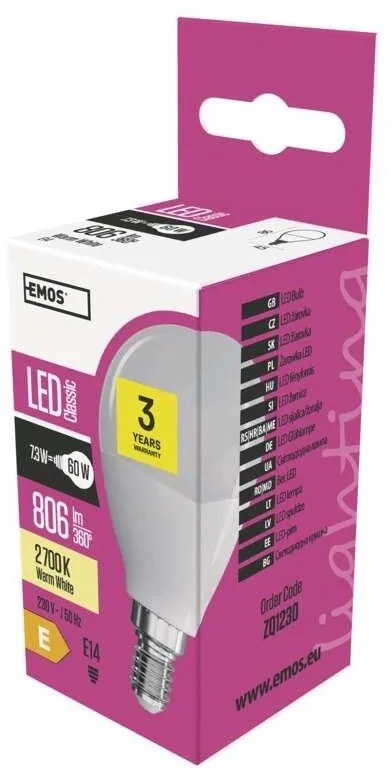 Emos LED žiarovka Classic Globe 8W E14 teplá biela ZQ1230