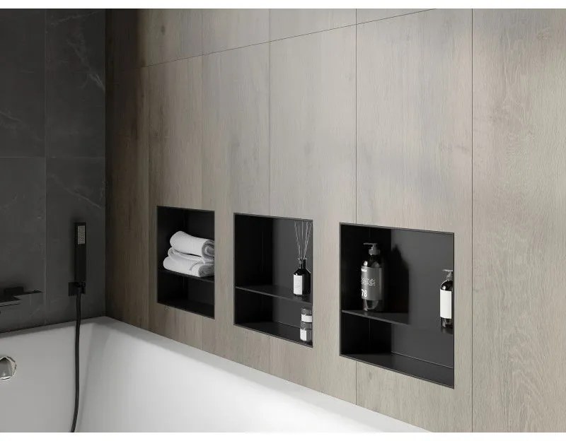 Mexen X-Wall-NR, polička na zapustenie pod obklad bez goliera 30 x 30 cm, čierna matná, 1971303010S