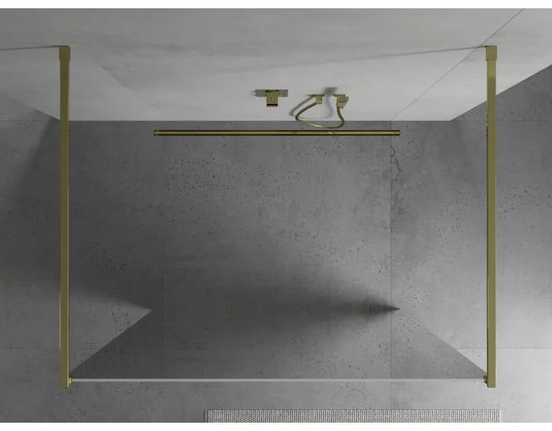 Mexen Kioto, priechodná sprchová zástena 120 x 200 cm, 8mm sklo vzor zrkadlo, 2x zlatá stabilizačná rozpera, 800-120-002-50-50