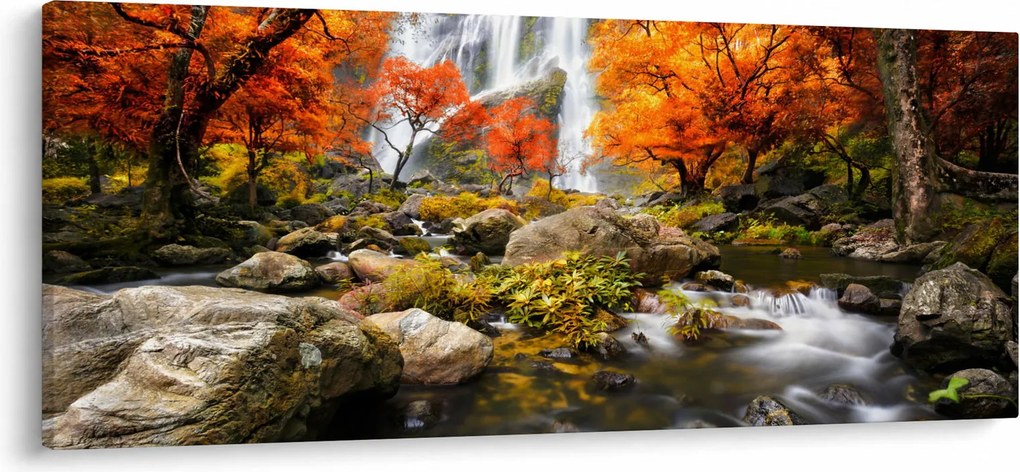Obraz - Vodopády v jesennej krajine, oranžový (120x50 cm)