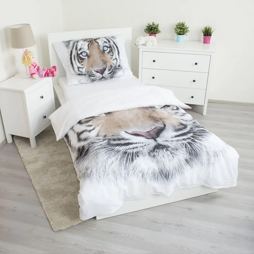 Bielo-sivé bavlnené detské obliečky na jednolôžko 140x200 cm White Tiger – Jerry Fabrics