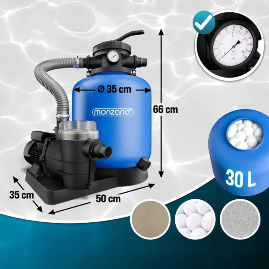 Monzana Piesková filtrácia k bazénu AQUA s predfiltrom, 13 200 l/h, modrá