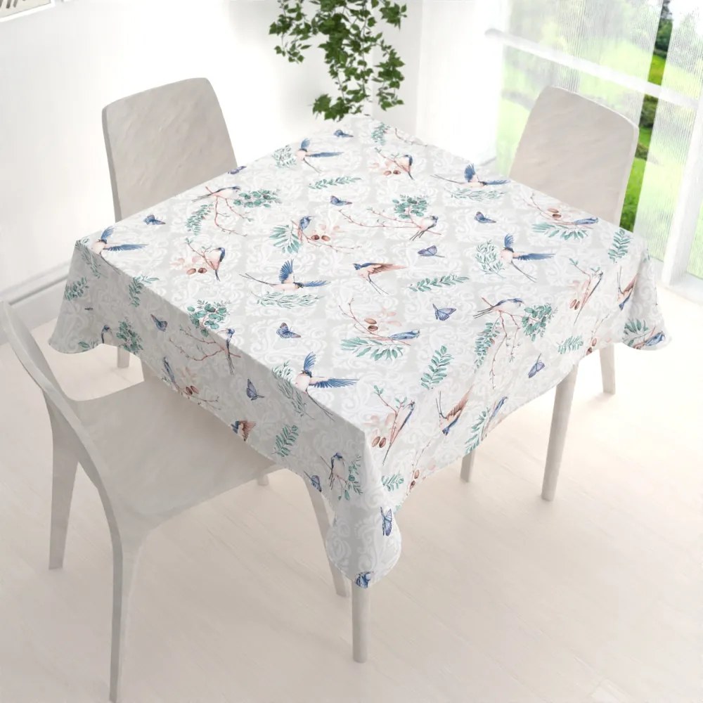 Biante Bavlnený štvorcový obrus Sandra SA-471 Lastovičky s motýlikmi na svetlo sivom ornamente 100x100 cm