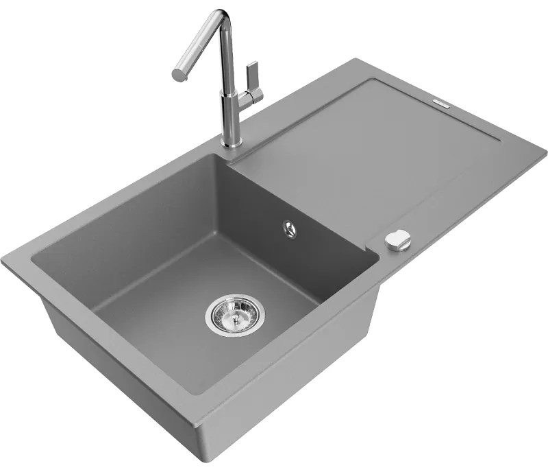 Mexen Leo, 1-komorový granitový drez 900x500x190 mm a drezová batéria Flora, šedá, 6501-71-670401-00