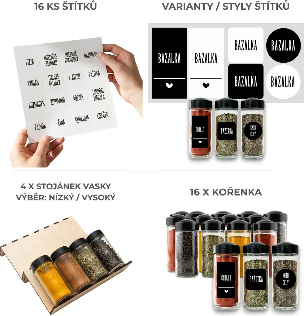 Orion Sada 16ks koreničiek BLACK 80ml + 4ks organizér na koreničky VASKY + sada 16ks štítkov