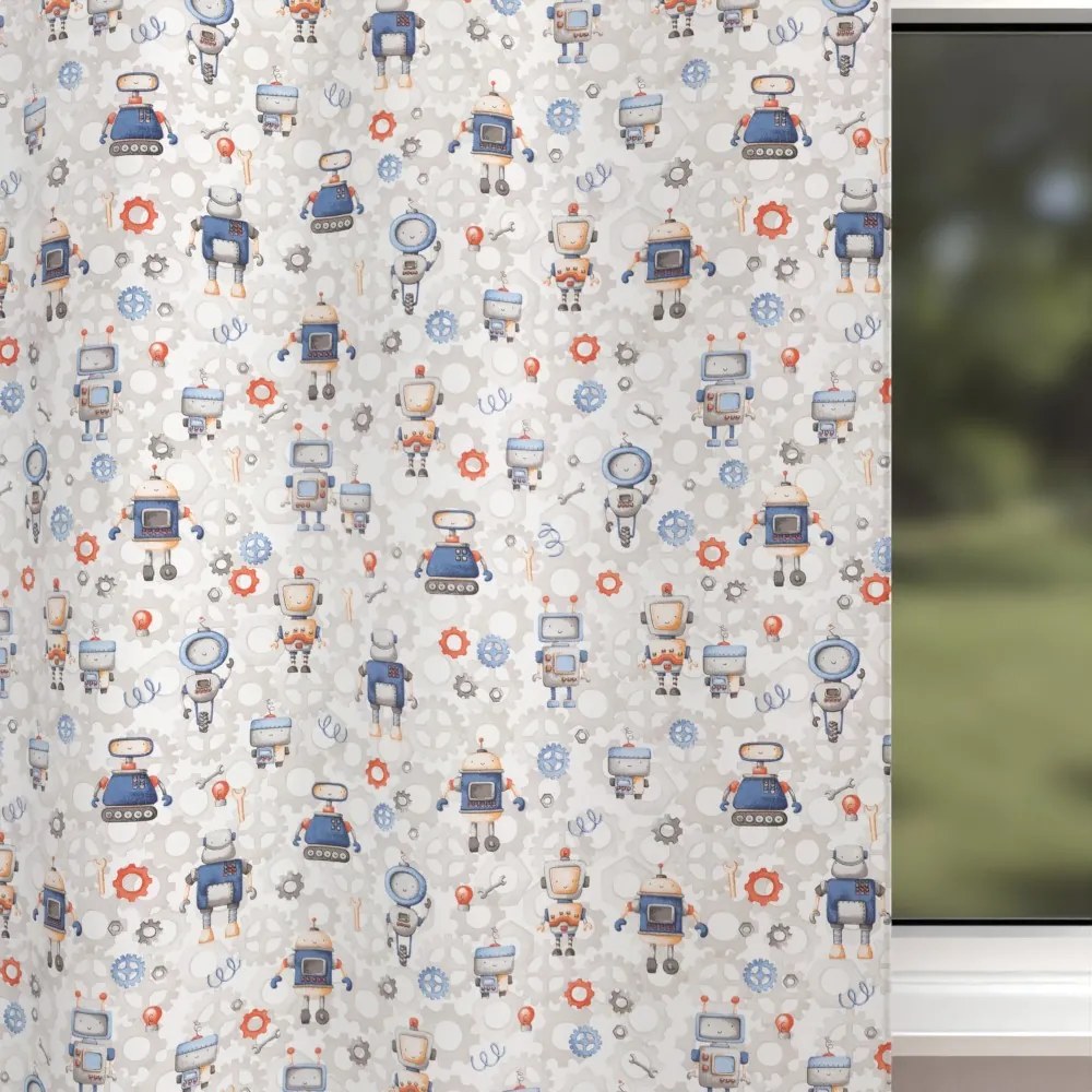 Biante Detský bavlnený záves Sandra SA-584 Svet robotov na sivo-bielom 150x140 cm