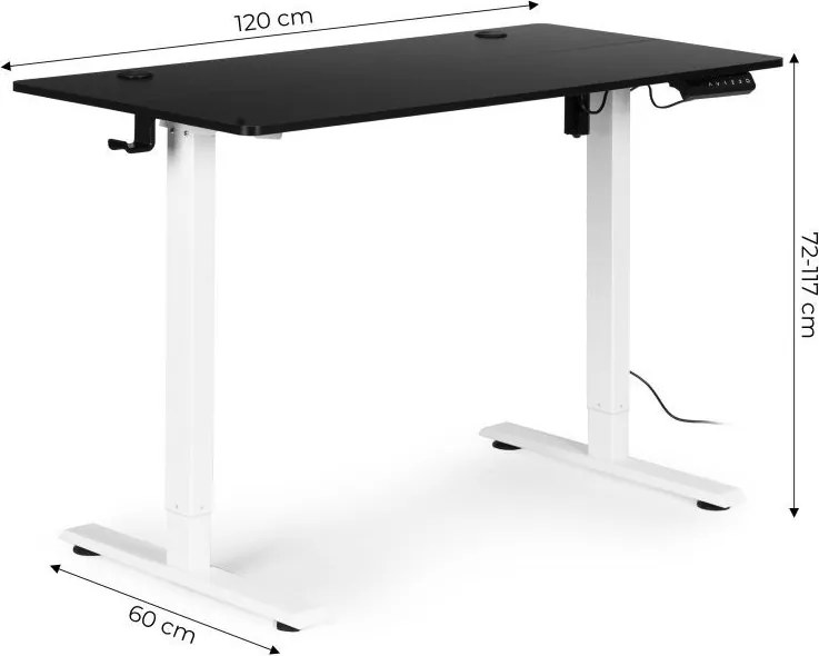 Elektrický nastaviteľný stôl 120 x 60 cm, nastaviteľná výška 72-117 cm, biely