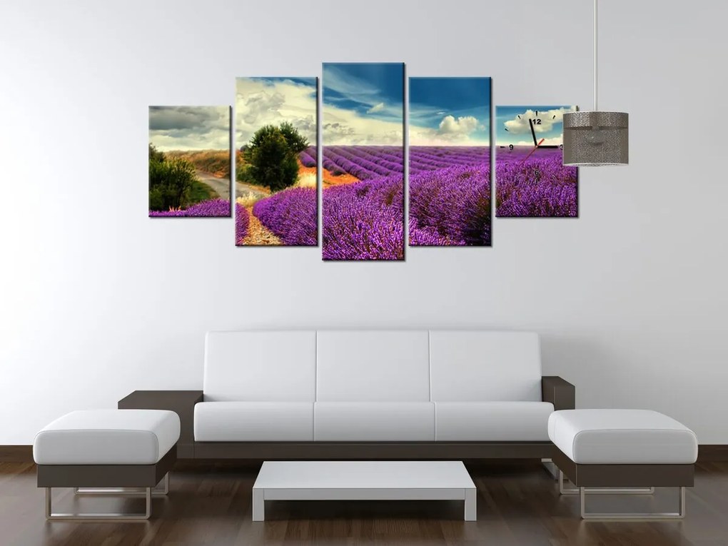 Gario Obraz s hodinami Čarovná levanduľová krajina - 5 dielny Rozmery: 150 x 70 cm