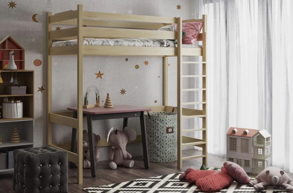 Detská vyvýšená posteľ z masívu borovice TEXAS - 200x90 cm - PRÍRODNÁ BOROVICA