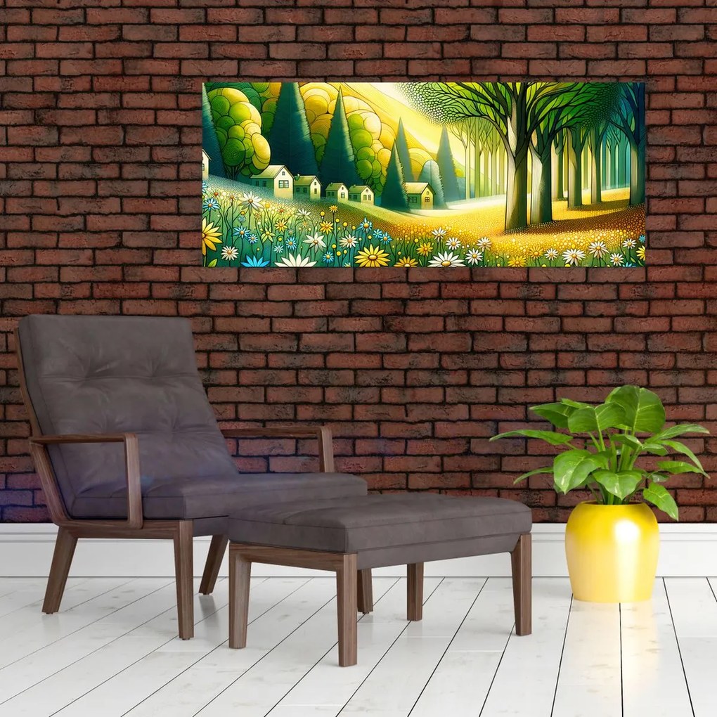 Obraz - Dedina v žlto-zelenej (120x50 cm)