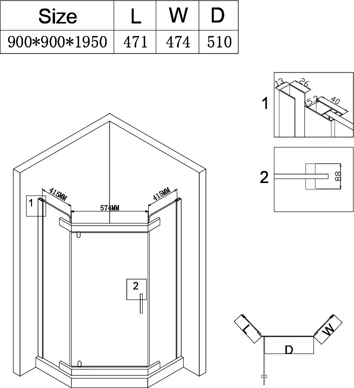 BPS-koupelny Päťuholníkový sprchový kút KZ91B BL 90x90 čierna/transparent - bez vaničky