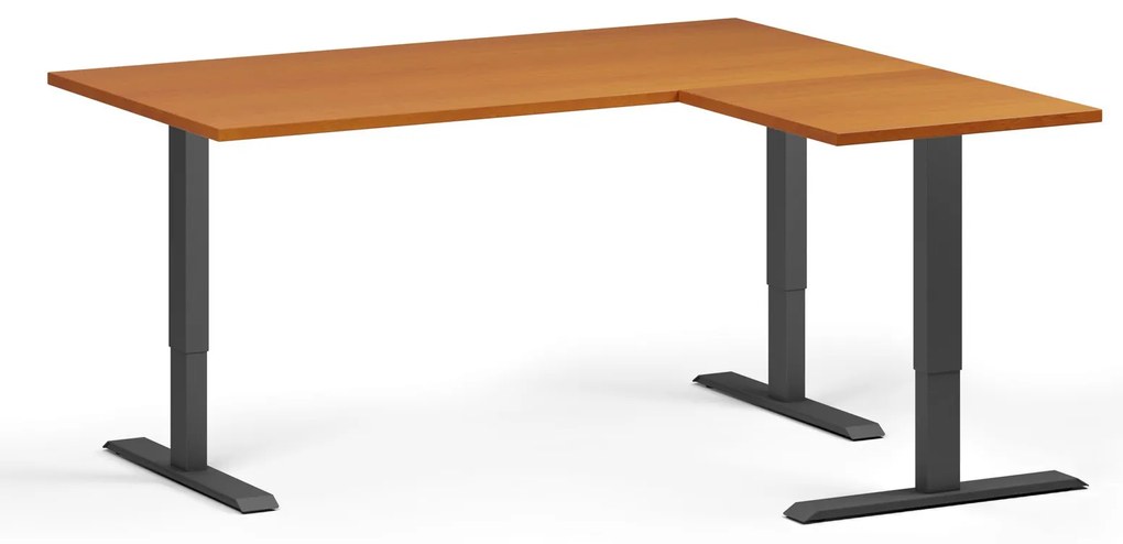 Výškovo nastaviteľný stôl, 160x140 cm, 3 motory, L/P, čierna podnož, čerešňa