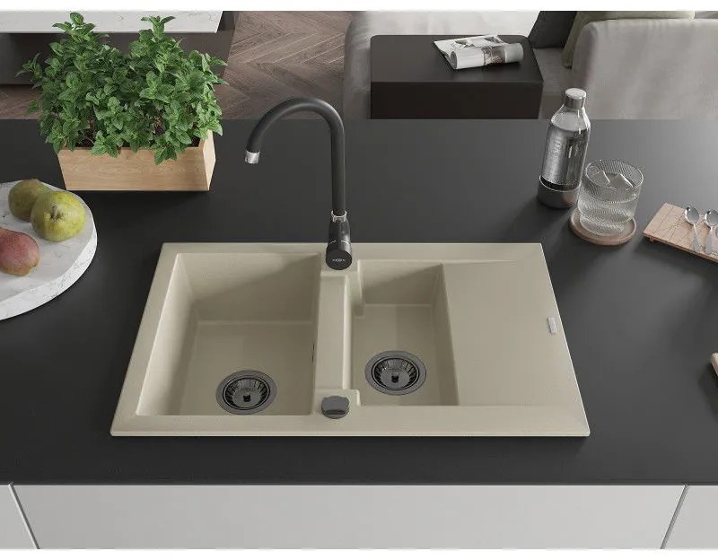 Mexen Gaspar, granitový drez 737x475x177 mm, 1,5-komorový, béžová s čiernym sifónom, 6507731505-69-B