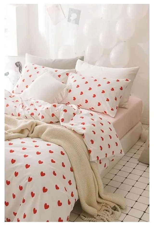 Krémové 4-dielne predĺžené obliečky na dvojlôžko z bavlny Renforcé s plachtou 200x220 cm Mini Hearts – Mila Home