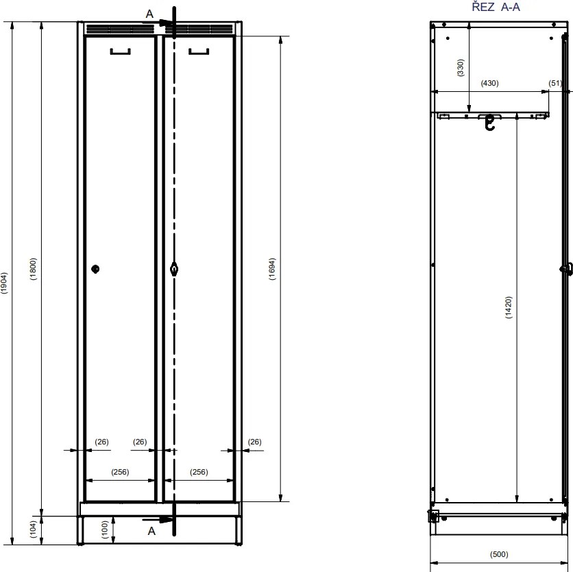Kovová šatníková skrinka S7 na sokli, 2-dverová, 1904 x 600 x 500 mm, cylindrický zámok, modré dvere