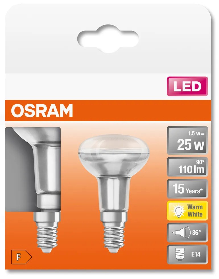 2PAK LED žiarovka E14 R50 1,5W = 25W 110lm 2700K Warm 36° OSRAM STAR