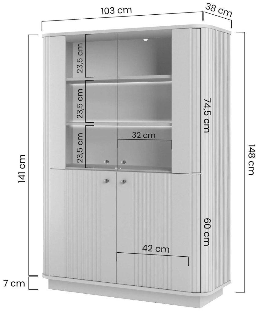 Vitrína Vesper 103 cm štvordverová na sokli - kašmír / orech / čierne úchyty