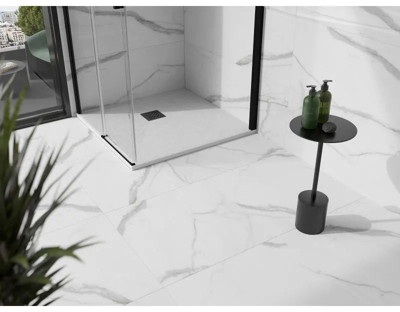 Mexen Stone+, štvorcová vanička z minerálneho kompozitu 80 x 80 cm, biela, čierna krytka, 44108080-B