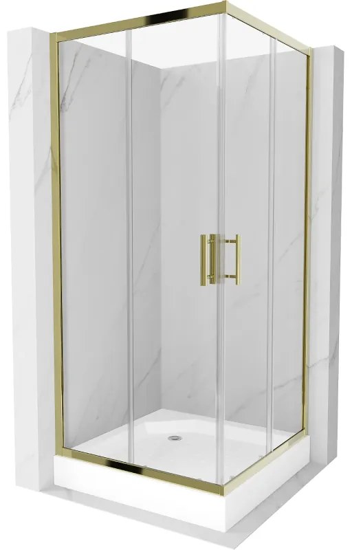 Mexen Rio, štvorcový sprchovací kút s posuvnými dverami 90(dvere) x 90(dvere) x 190 cm, 6mm číre sklo, zlatý profil + biela sprchová vanička RIO, 860-090-090-50-00-4510