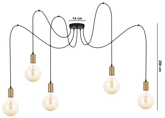 Luster na lanku MIROS 5xE27/60W/230V pavúk čierna/zlatá