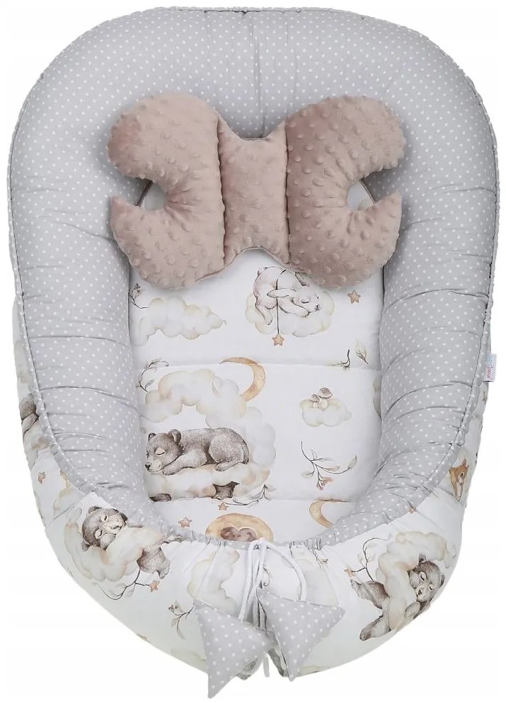 Obojstranné hniezdočko (kokon) pre bábätko - BABYMAM PREMIUM set 7v1 - Medvieďatá s béžovou minky