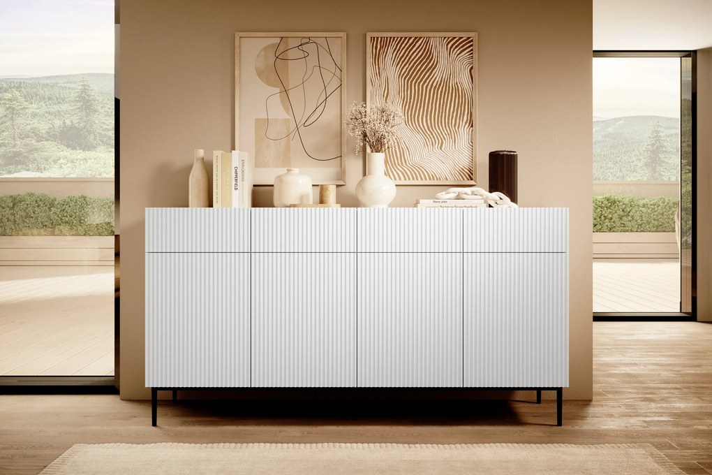 Komoda Nicole 200 cm so 4 zásuvkami - biely mat / čierna