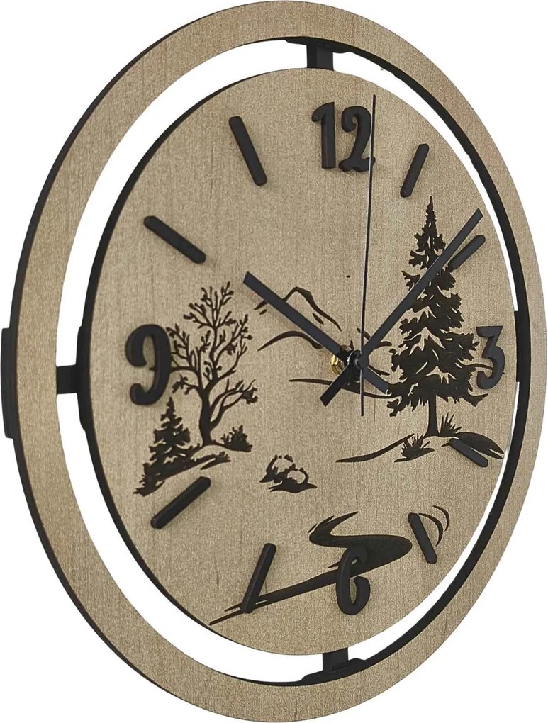 Nástenné hodiny Lesná krajina gravírované | PUPOU: HDF - Javor 30 cm 4795-115320 HDF0607-čiene-ruky
