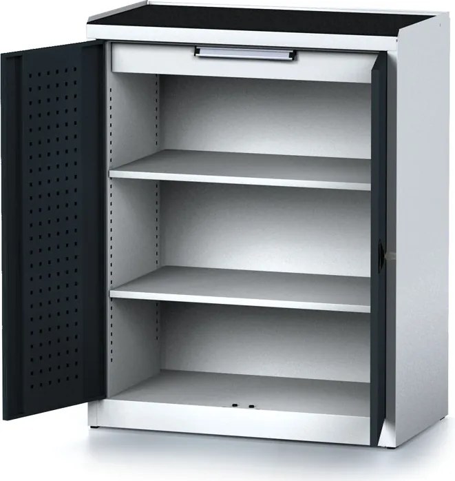 Policová dielenská skriňa 2-dverová MECHANIC, 2 police, 1 zásuvka, 920 x 500 x 1170 mm, grafitové dvere