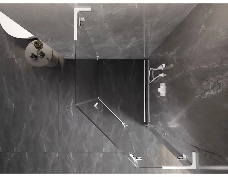 Mexen Lunar, L pravý výklopný päťuholníkový sprchový kút 90 x 100 cm, 8mm číre sklo, biely profil, 831L-090P-100L-20-00-P