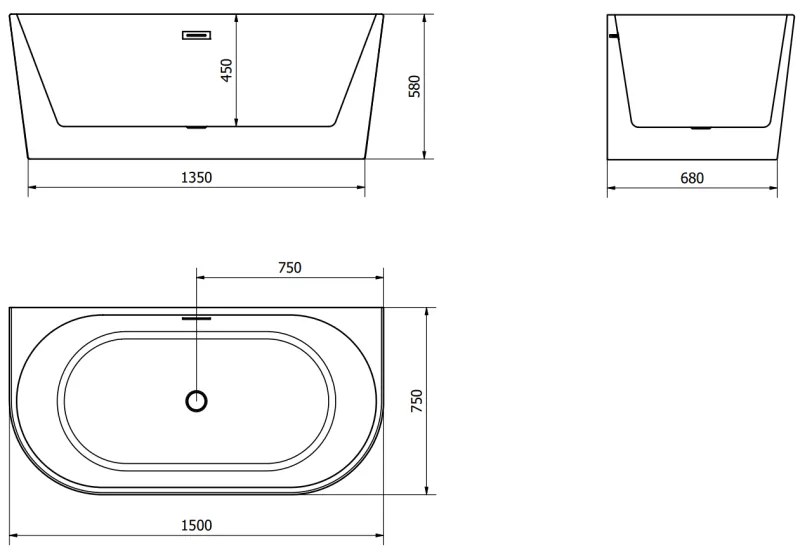 Mexen Oval, voľne stojaca nástenná vaňa 150 x 75 cm, biela-čierna, grafitový prepad, 52671507575-66