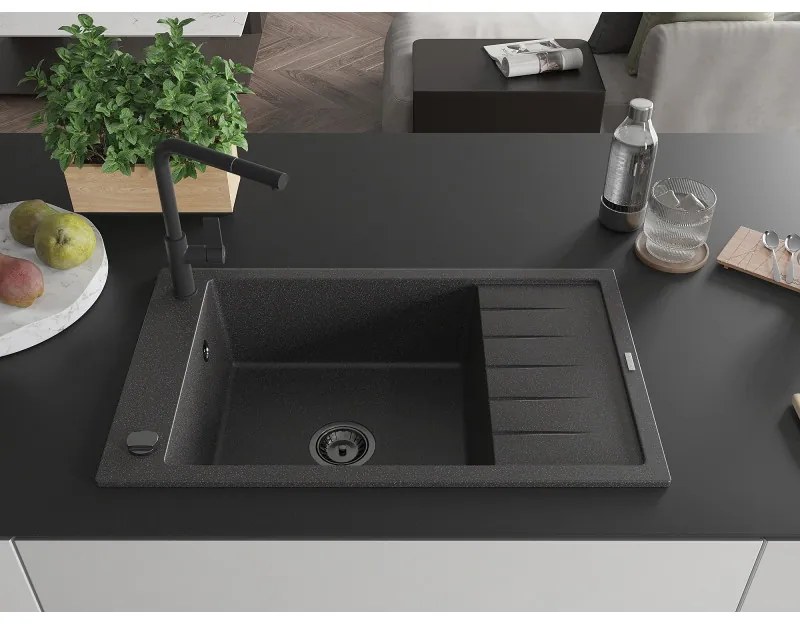 Mexen Elias, 1-komorový granitový drez 795x480x200 mm a drezová batéria Flora, čierna škvrnitá, 6511-76-670401-70-B