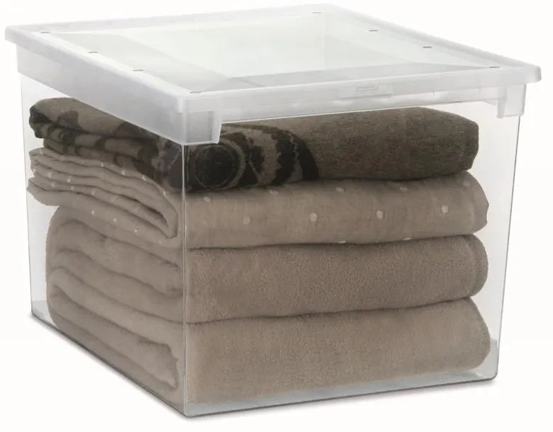 Úložný box s vekom, transparentný, na posteľnú bielizeň TERRY 52l - 38 x 52 x 31 cm