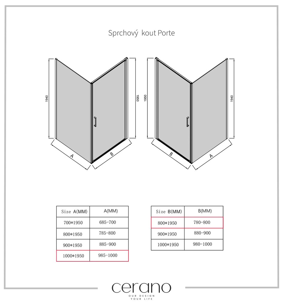 Cerano Porte, 1-krídlový sprchovací kút 80x100 cm, 8mm číre sklo, čierny profil, CER-CER-413570