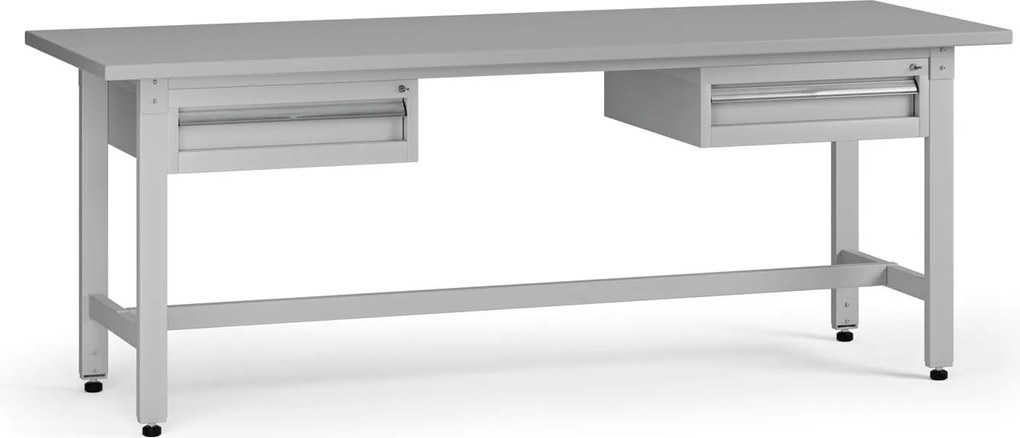 Výškovo nastaviteľný dielenský stôl G5, 2100 x 750 x 800-1000 mm, 2x kontajner, 2 zásuvky, sivá