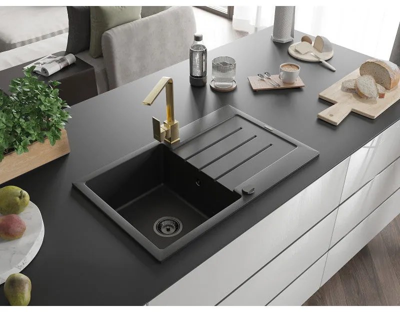 Mexen Bruno, drez granitový 795x495x200 mm, 1-komorový, čierna s čiernym sifónom a zlatá drezová batéria Rita, 6513-77-670300-50-B