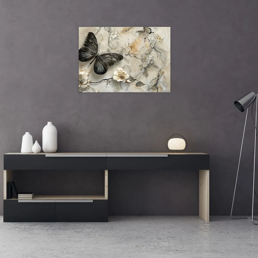 Sklenený obraz - Mramorové pozadie s motýľmi (70x50 cm)