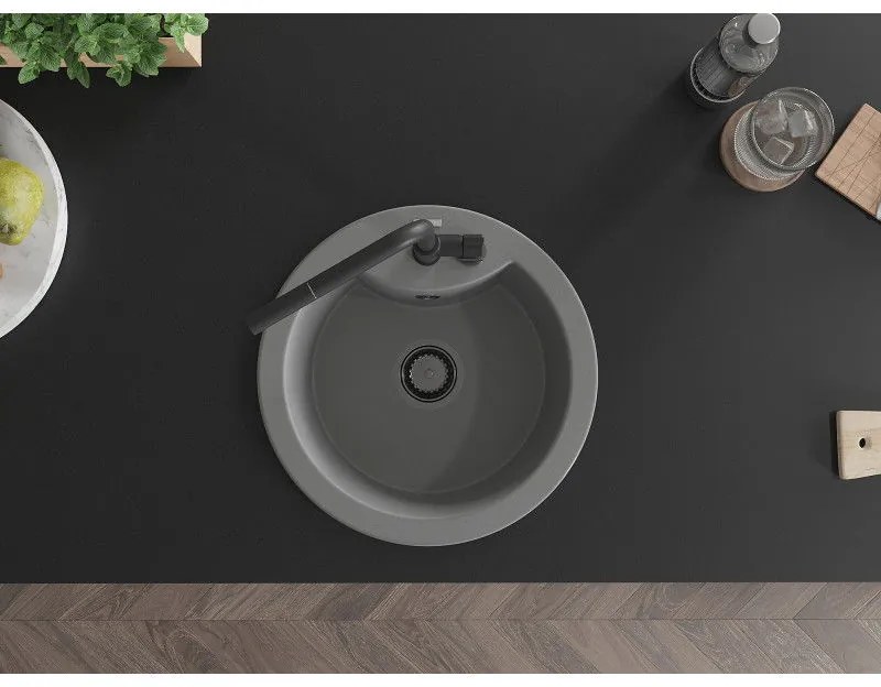 Mexen Diego, 1-komorový granitový drez 488x488x167 mm a drezová batéria Flora, šedá, 6512-71-670401-70-B